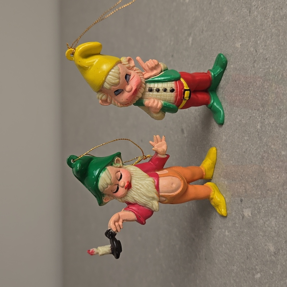 Vintage Macau elf plastic Christmas ornaments, set of 2